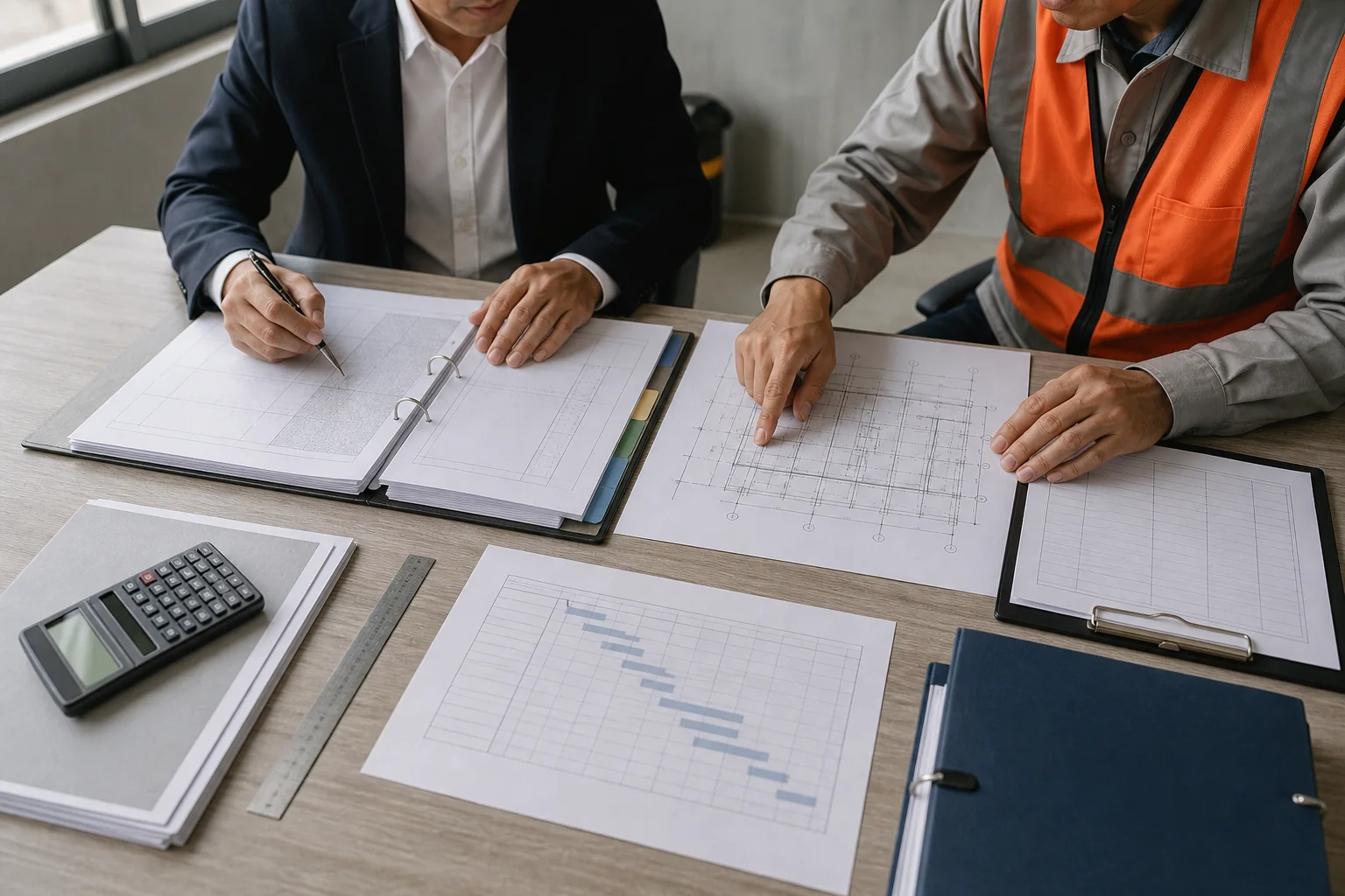 Luật sư và kỹ sư rà soát bản vẽ cùng hồ sơ hợp đồng xây dựng